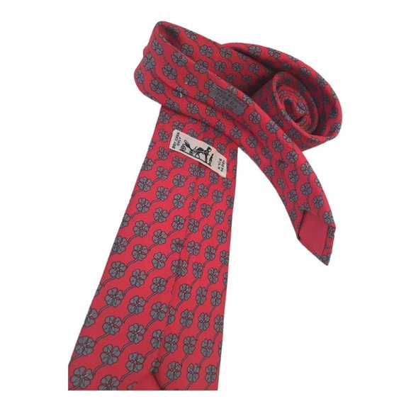 HERMES PARIS Red Floral Print Silk Tie Made In France 58"/ 3".1/4 EX COND - Picture 5 of 7